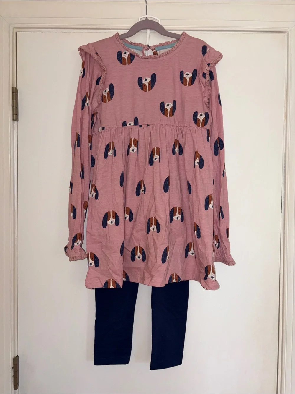 Mini Boden dog tunic dress navy blue leggings, girls 11 12